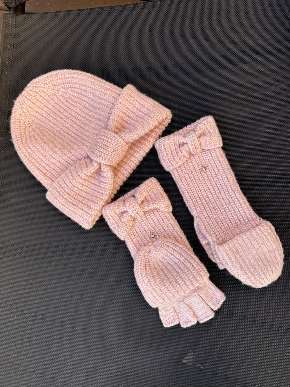 kate spade Women's Pink Knit 3-Piece Hat & Gloves Set, Bow Accent